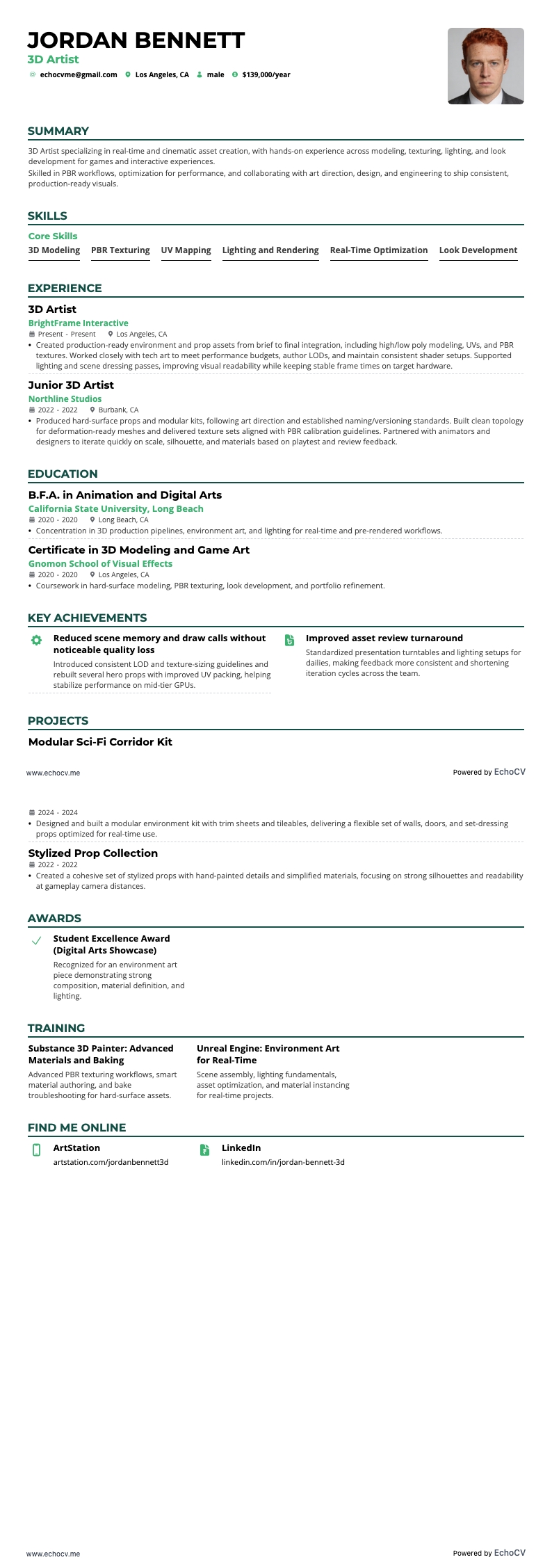 3D-Künstler resume example