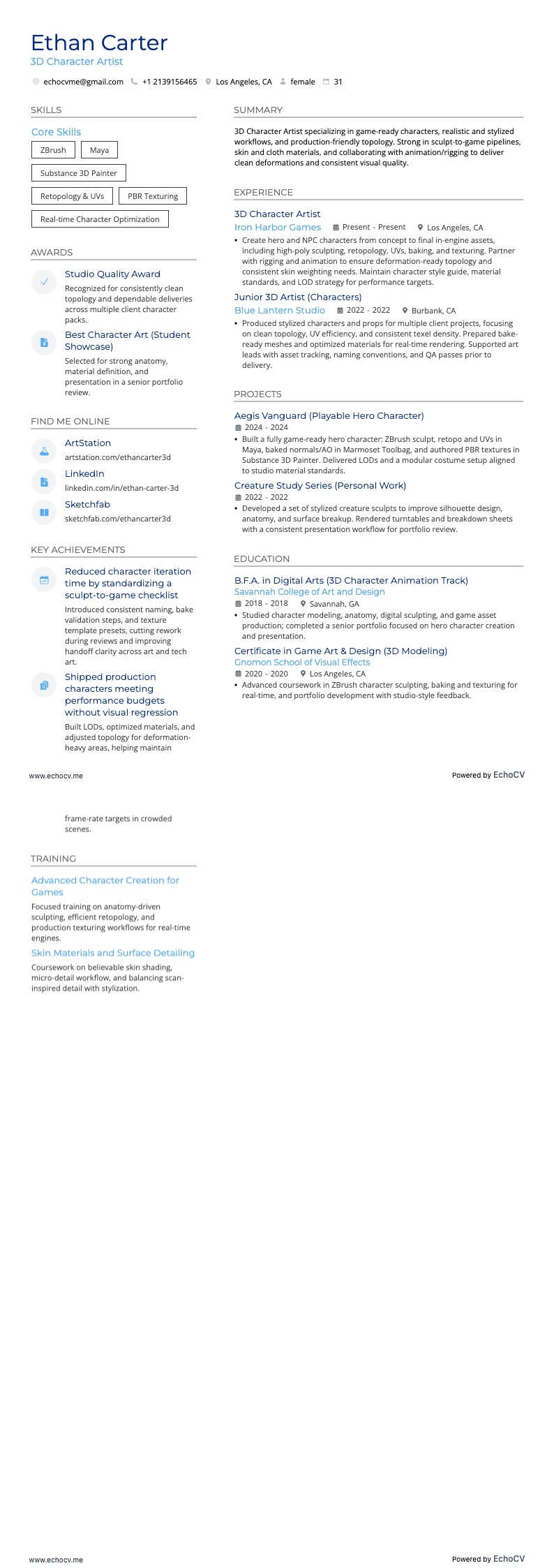 3D 캐릭터 아티스트 example resume