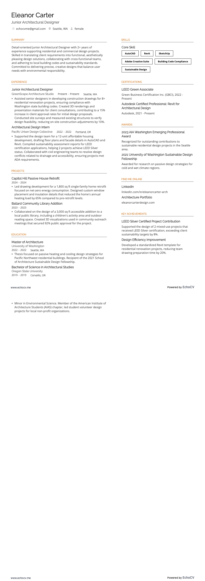 Diseñador arquitectónico junior example resume