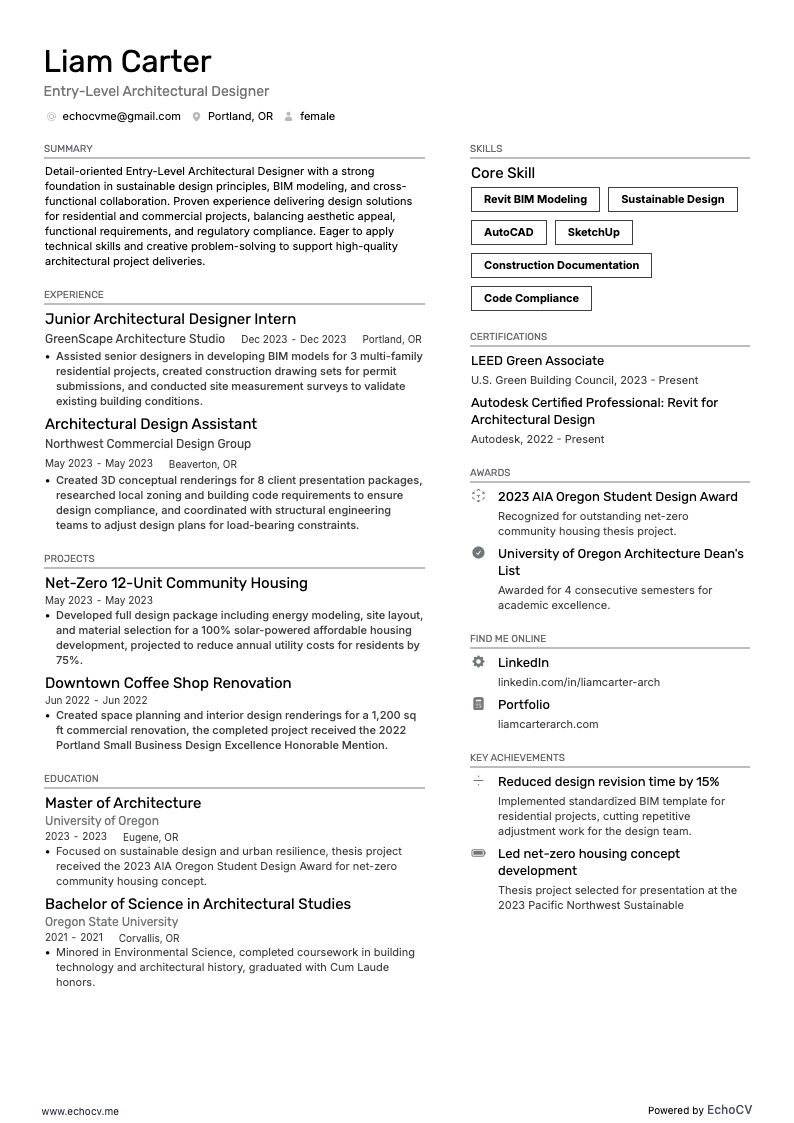 Diseñador arquitectónico junior example resume