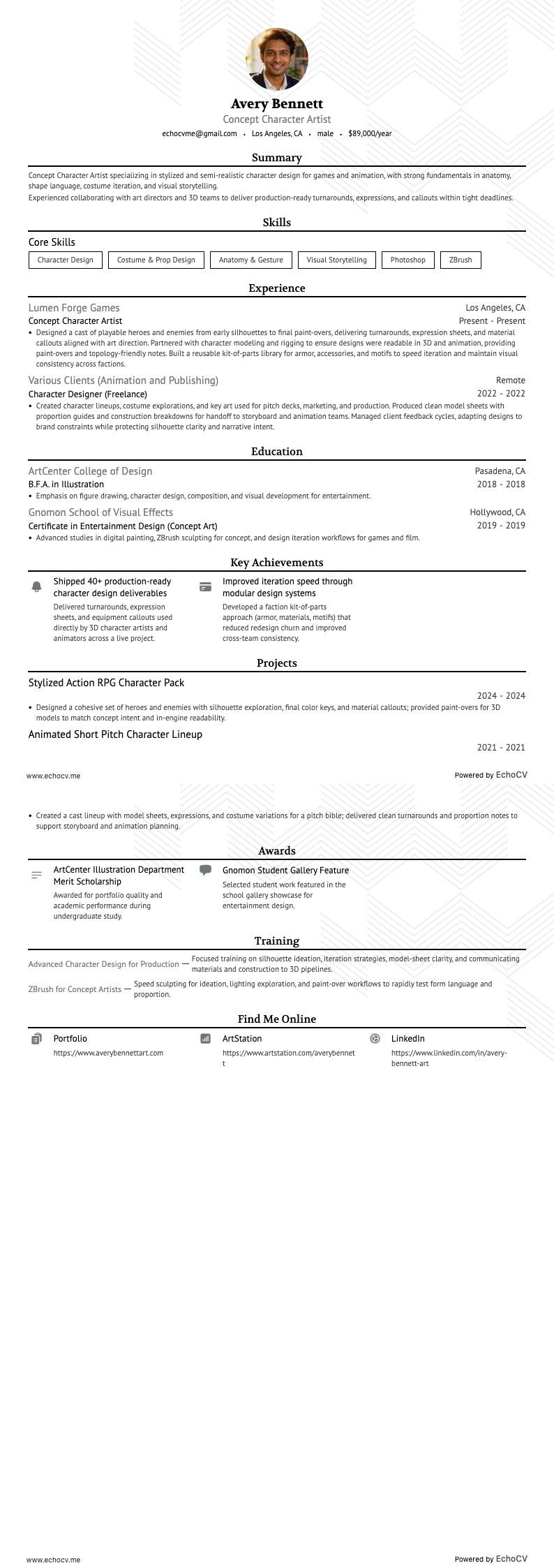 캐릭터 디자이너 resume example