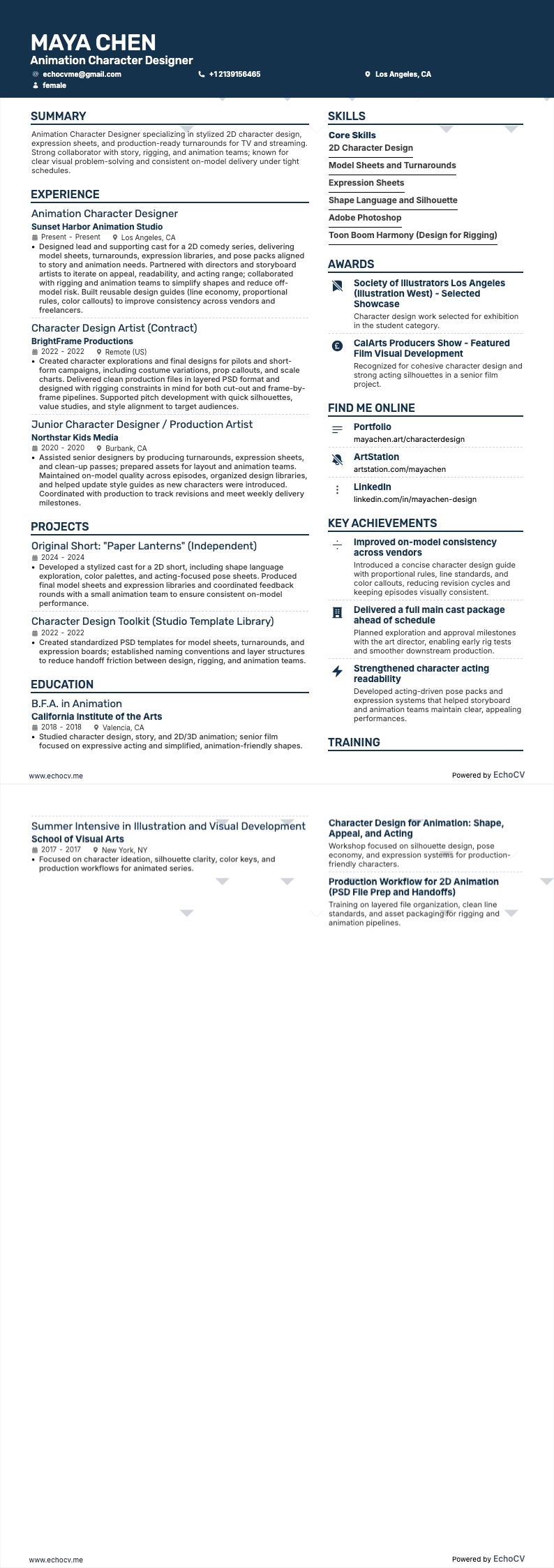 Diseñador de personajes de animación example resume