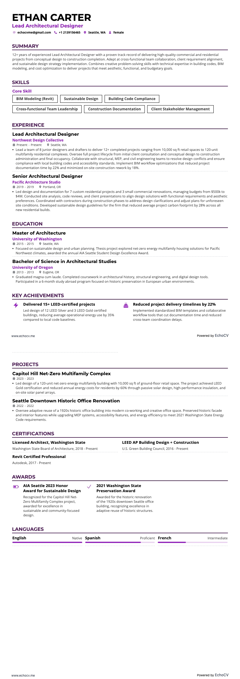 Diseñador arquitectónico resume example
