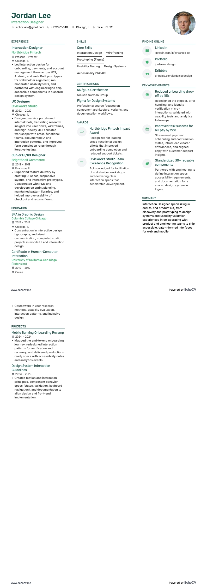 Interaktionsdesigner example resume