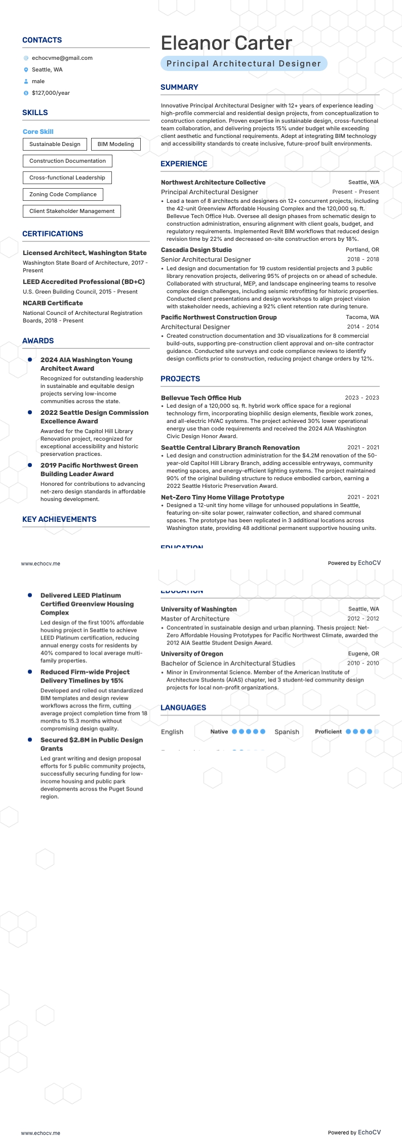 Diseñador arquitectónico principal example resume