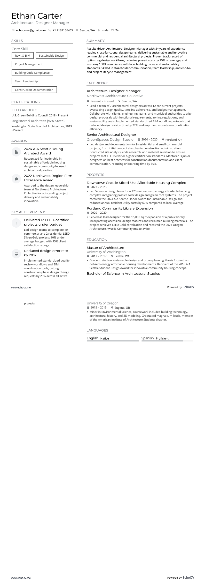 Gerente de diseño arquitectónico example resume