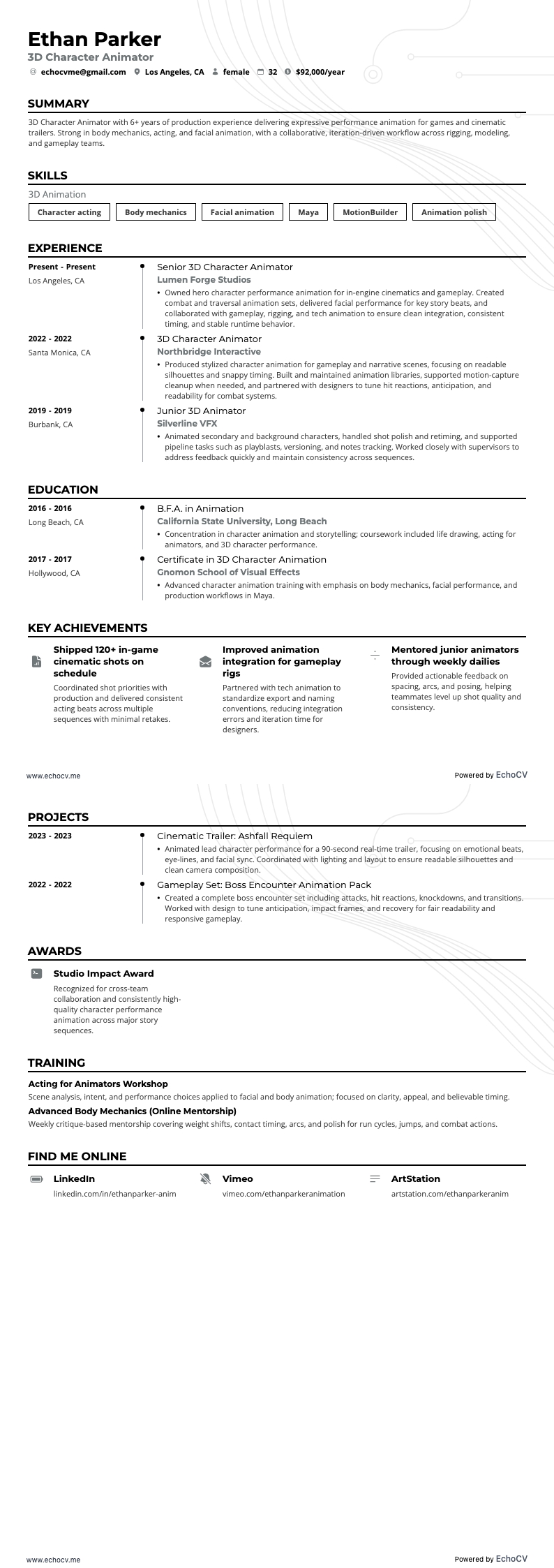3D Character Animator example resume