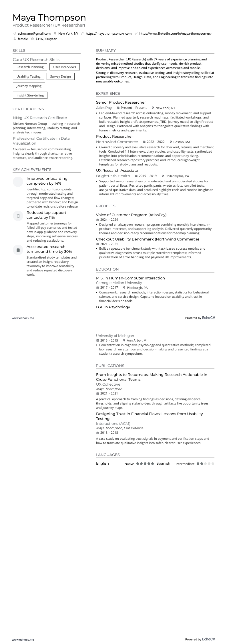 Ricercatore UX resume example