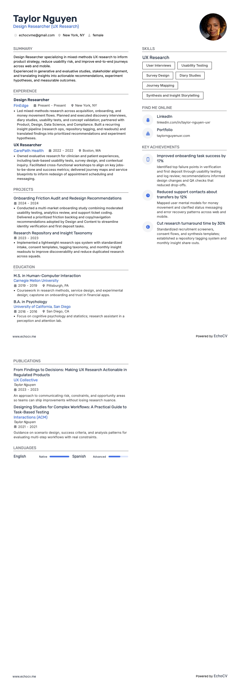 Chercheur UX resume example