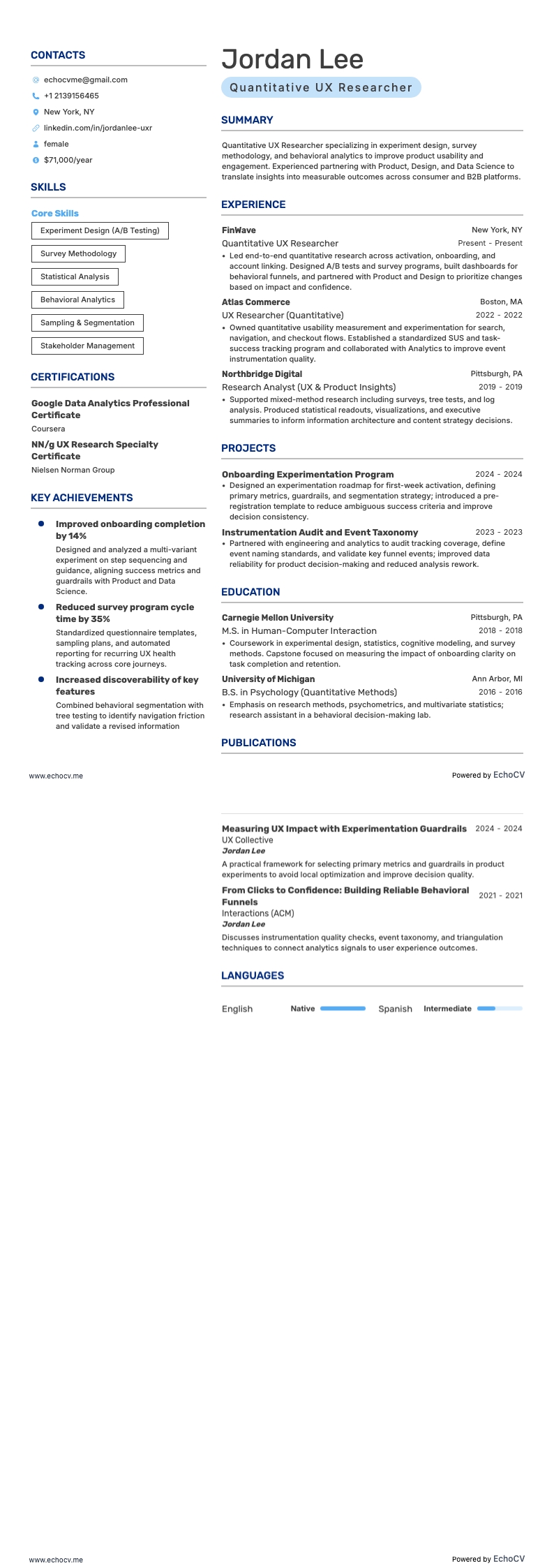 Pesquisador UX quantitativo example resume