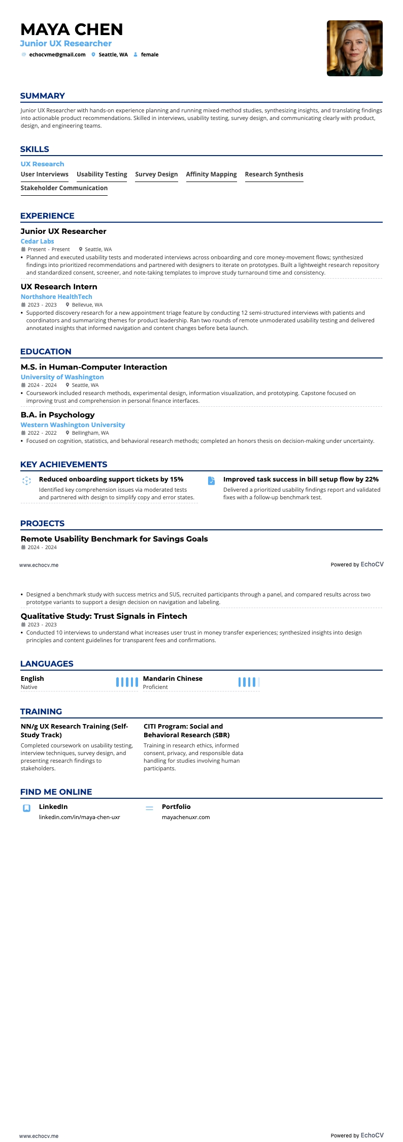 Pesquisador UX Júnior example resume