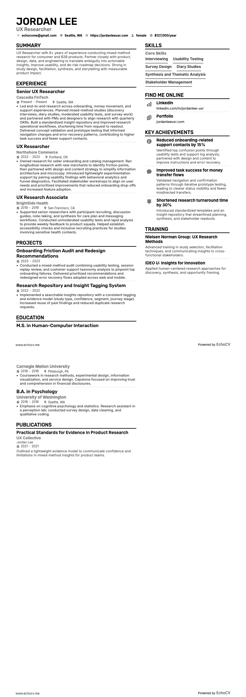 Pesquisador UX resume example