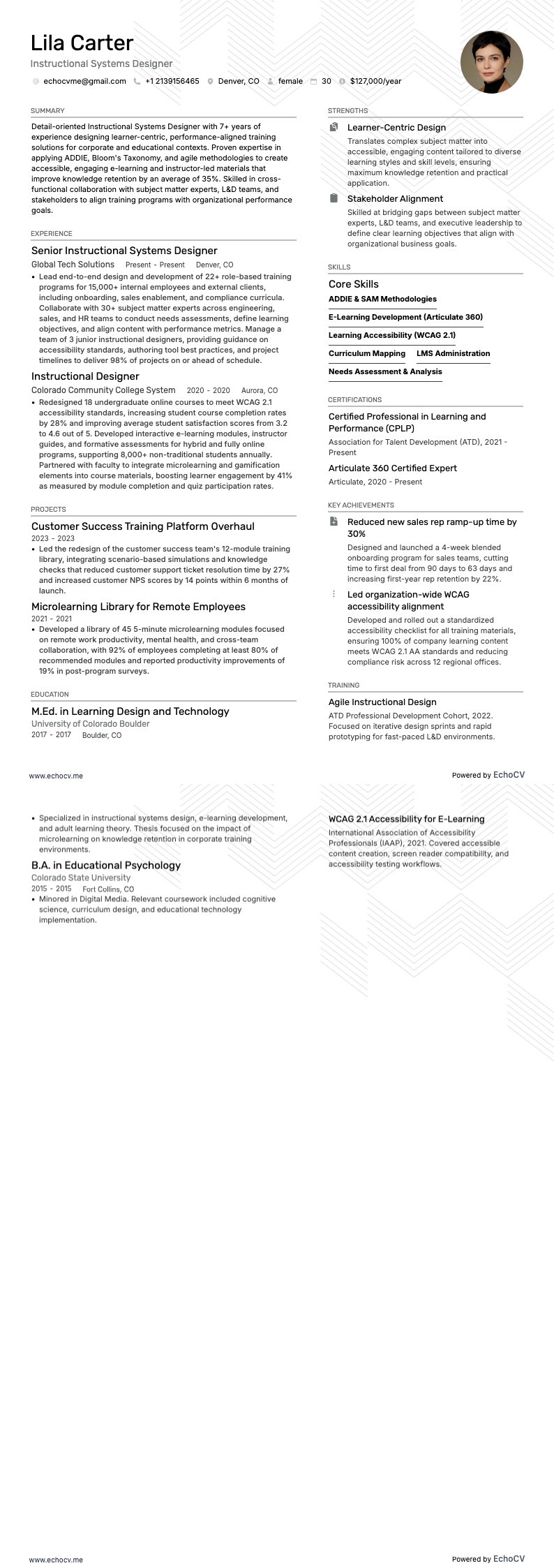 Designer de sistemas instrucionais resume example