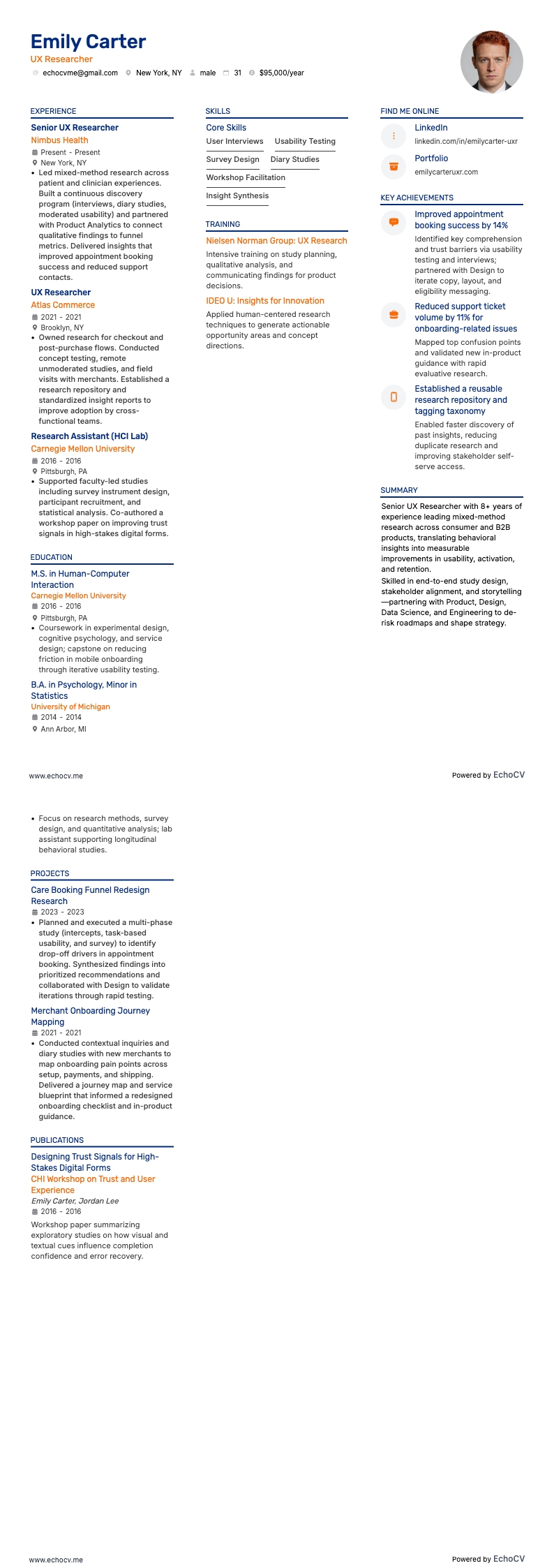 UX Researcher example resume