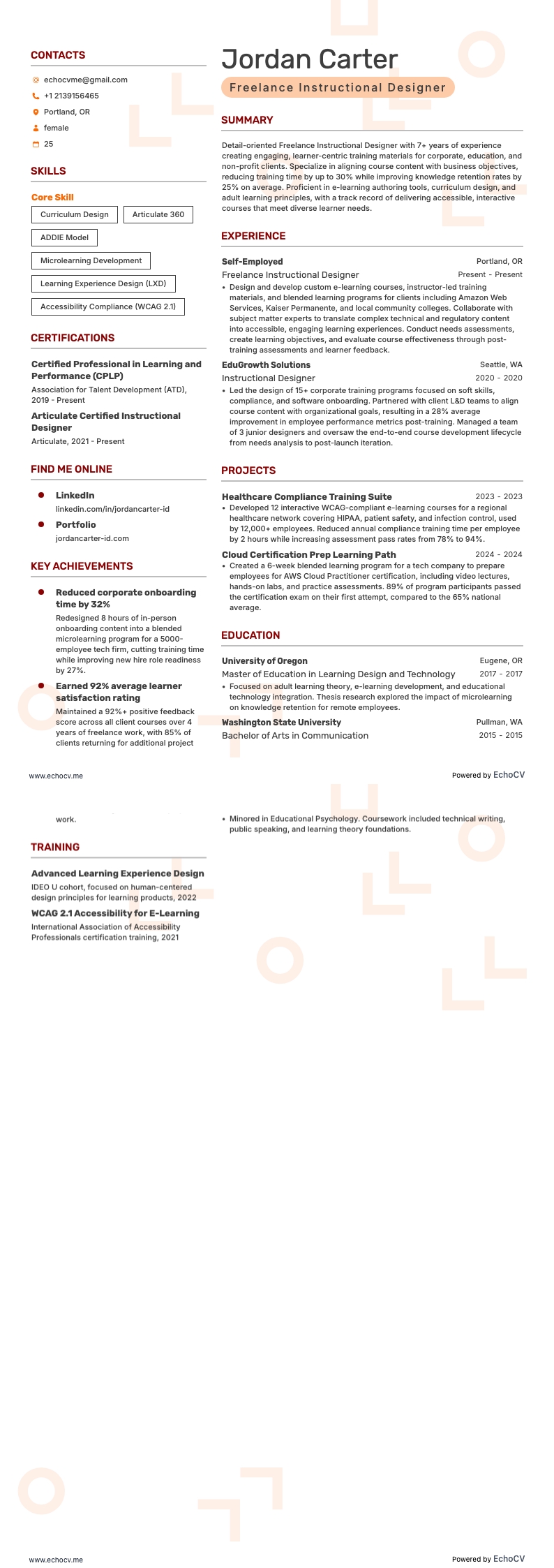 Designer instrucional freelance example resume