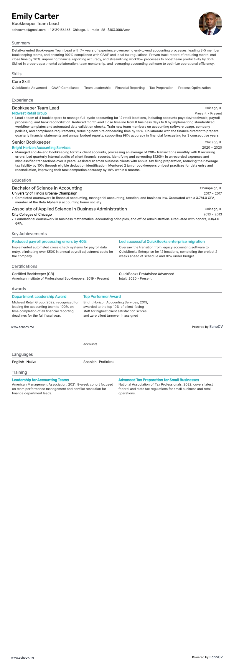 経理チームリーダー example resume