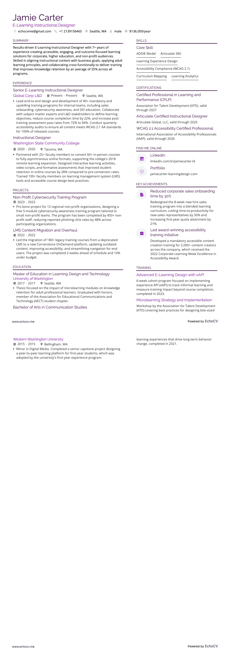Designer instrucional de e-learning example resume