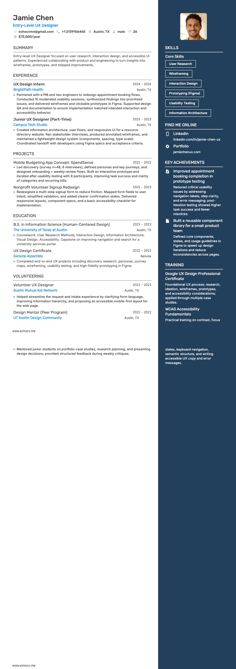 Entry-Level UX Designer example resume