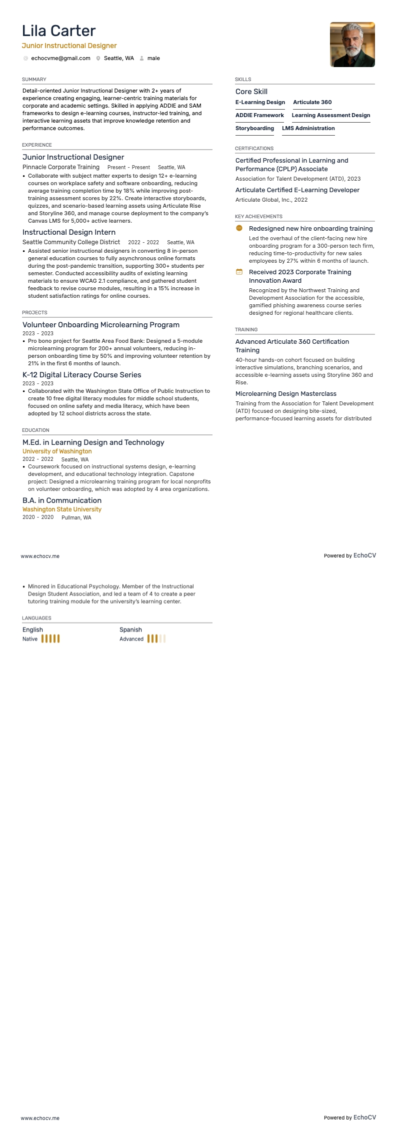 Designer instrucional júnior example resume