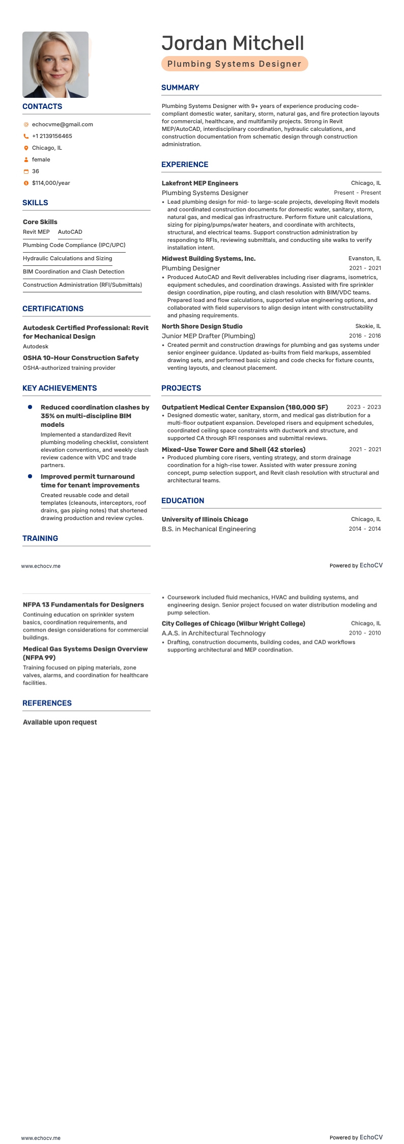 Diseñador de sistemas de fontanería example resume