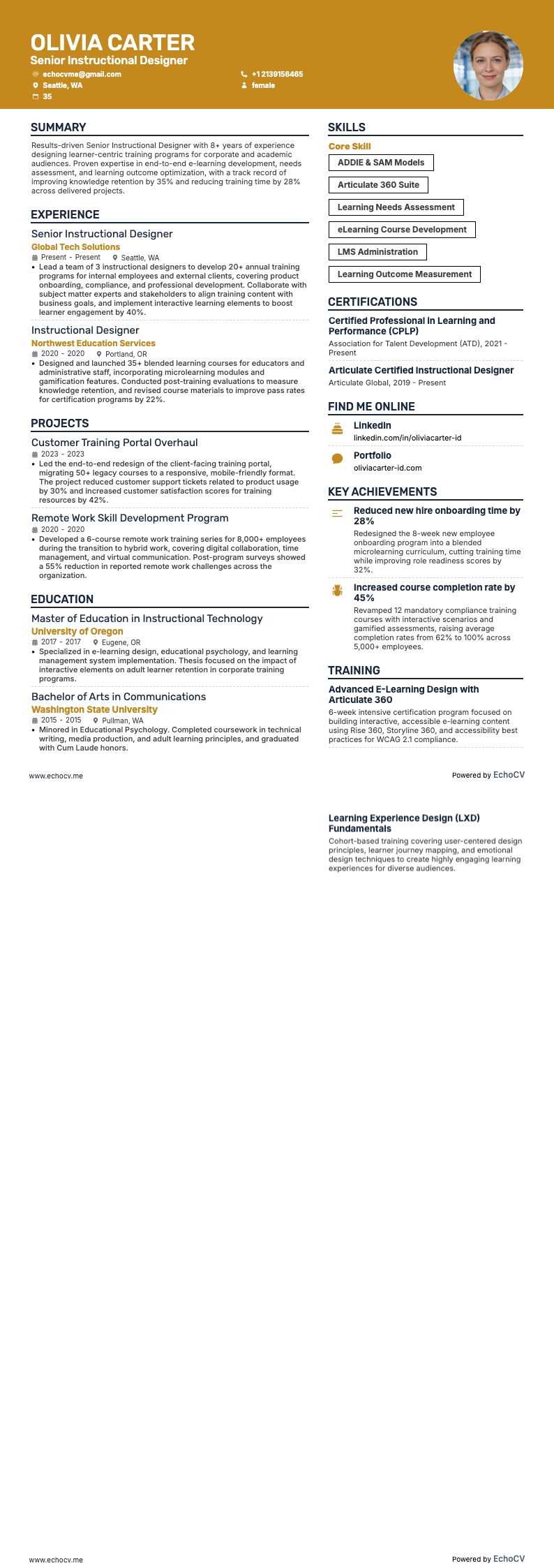 Designer instrucional sênior example resume