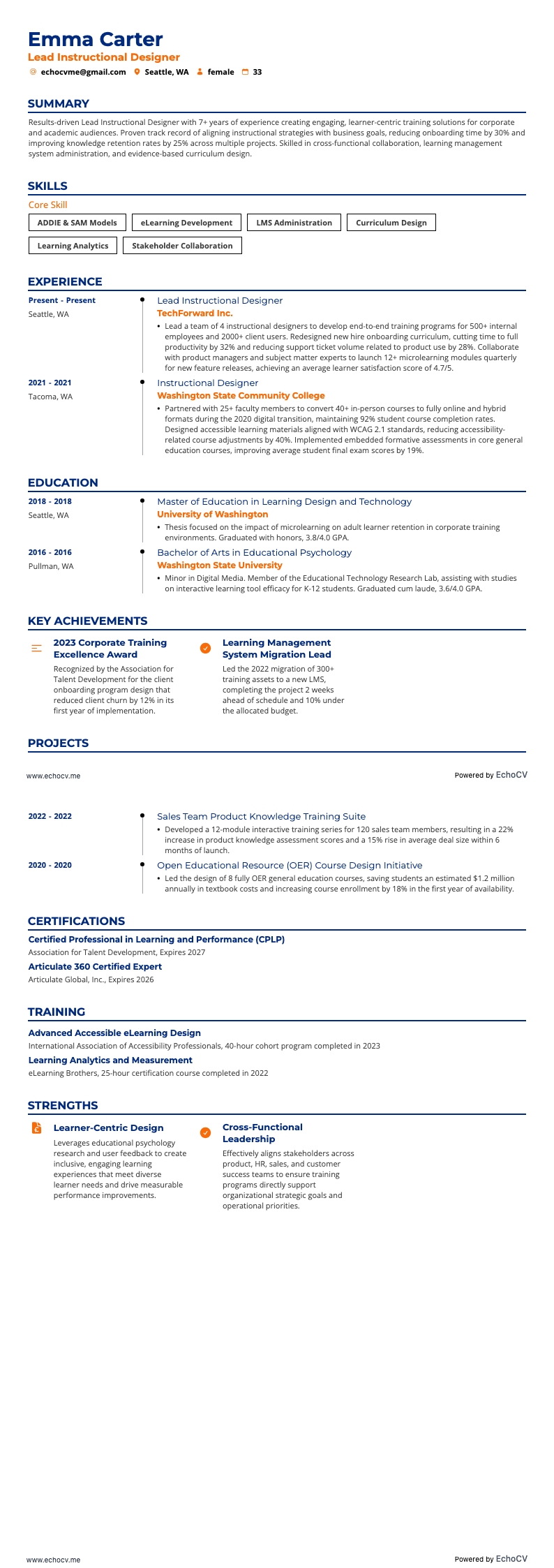 Designer instrucional líder example resume