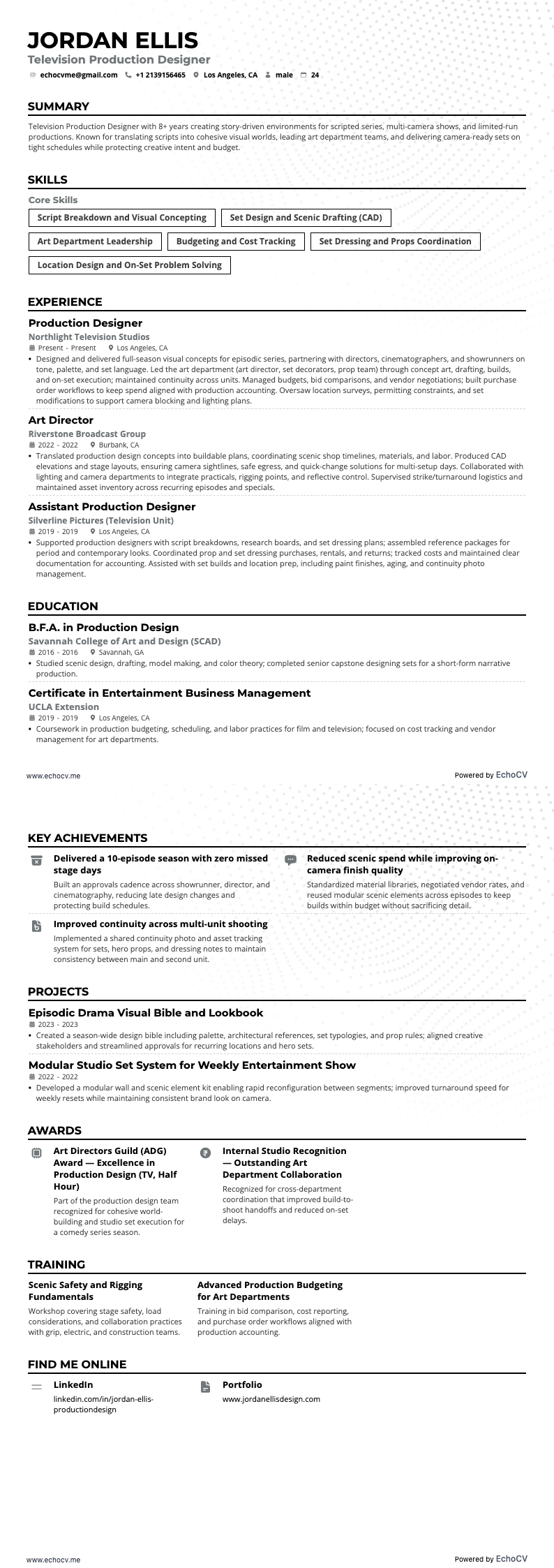 Designer de produção resume example