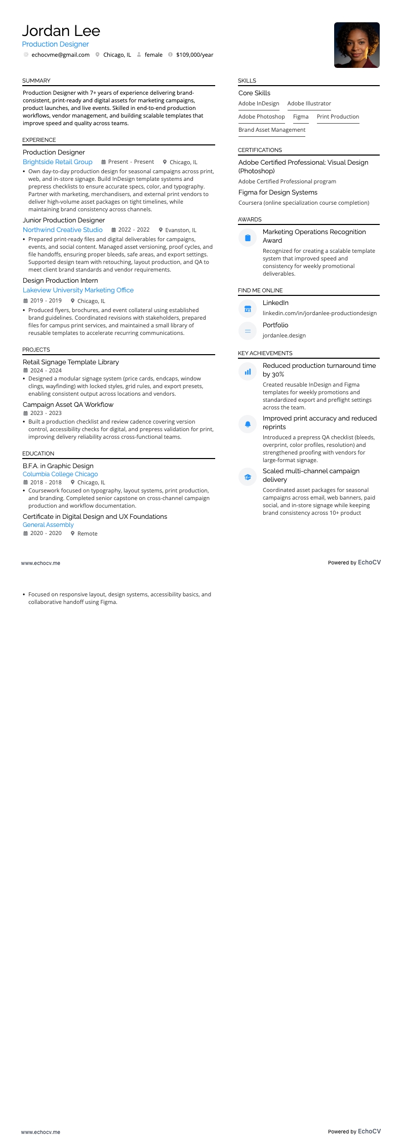 Designer de produção example resume