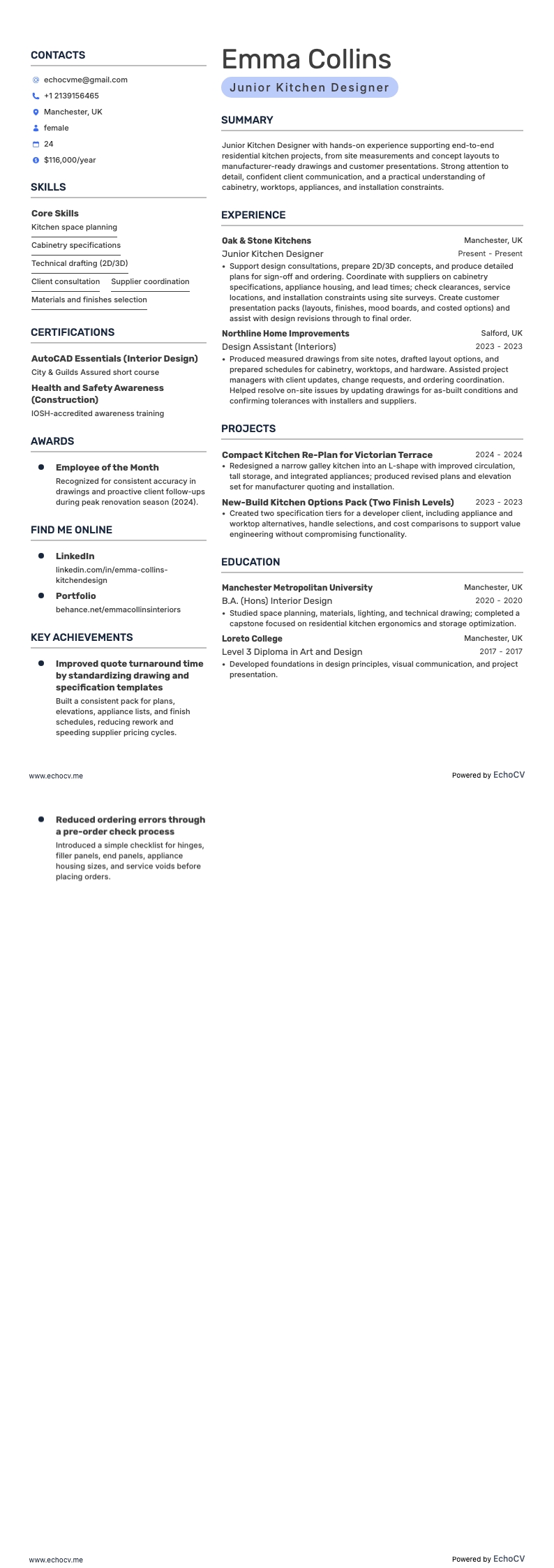 Junior köksdesigner example resume