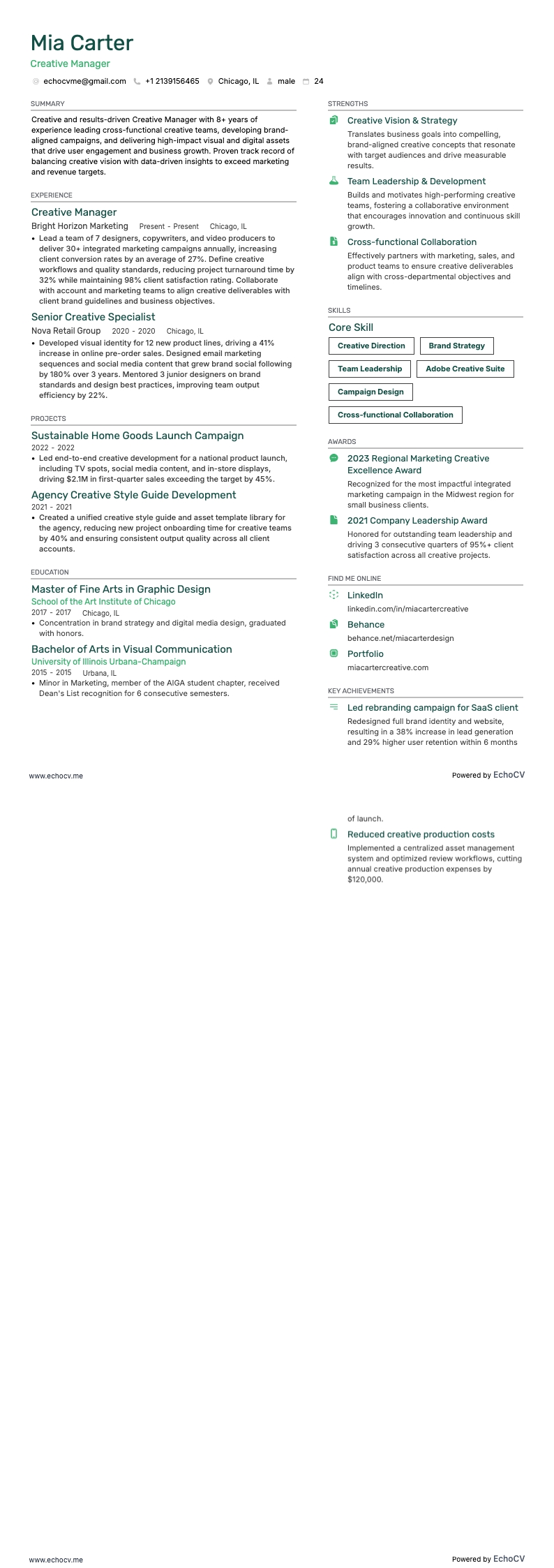 Quản lý sáng tạo example resume