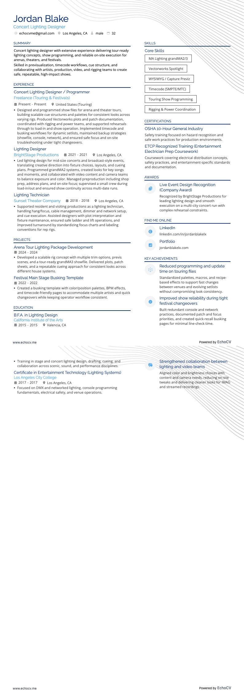 Designer de iluminação para concertos example resume