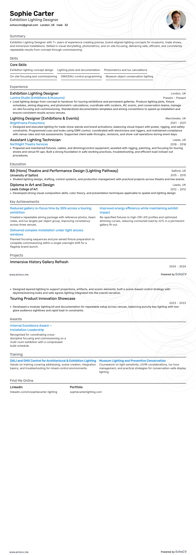 Designer de iluminação para exposições example resume