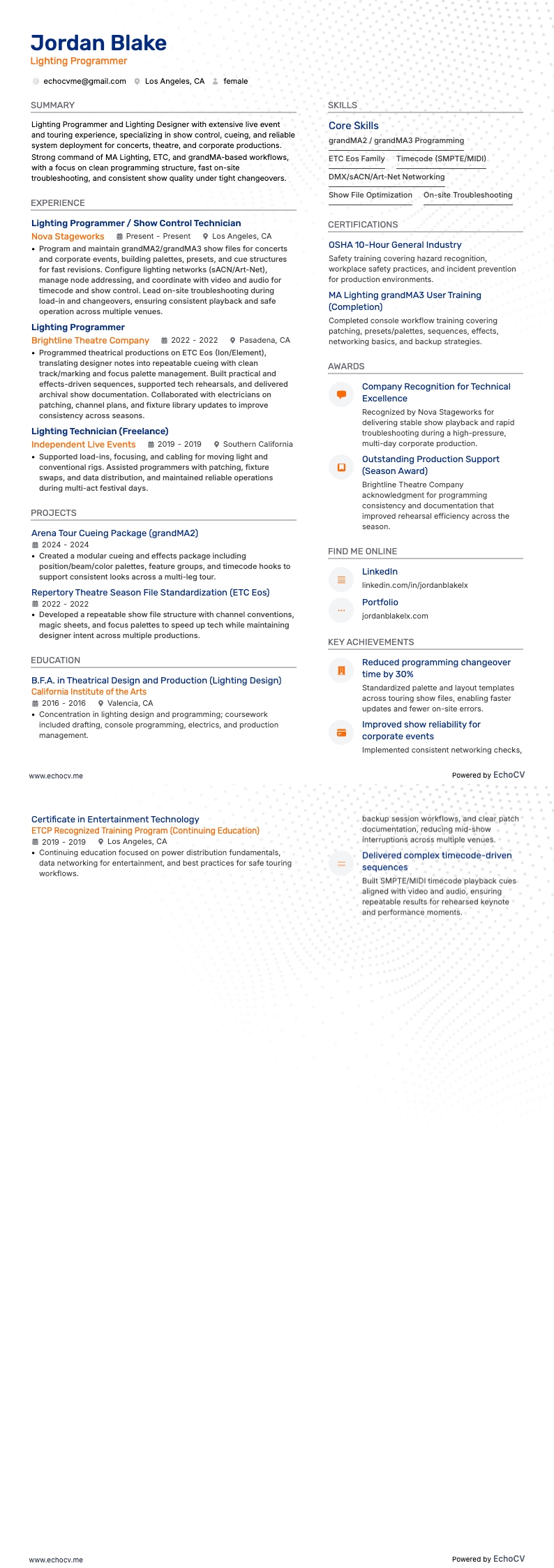 Programador de iluminação example resume