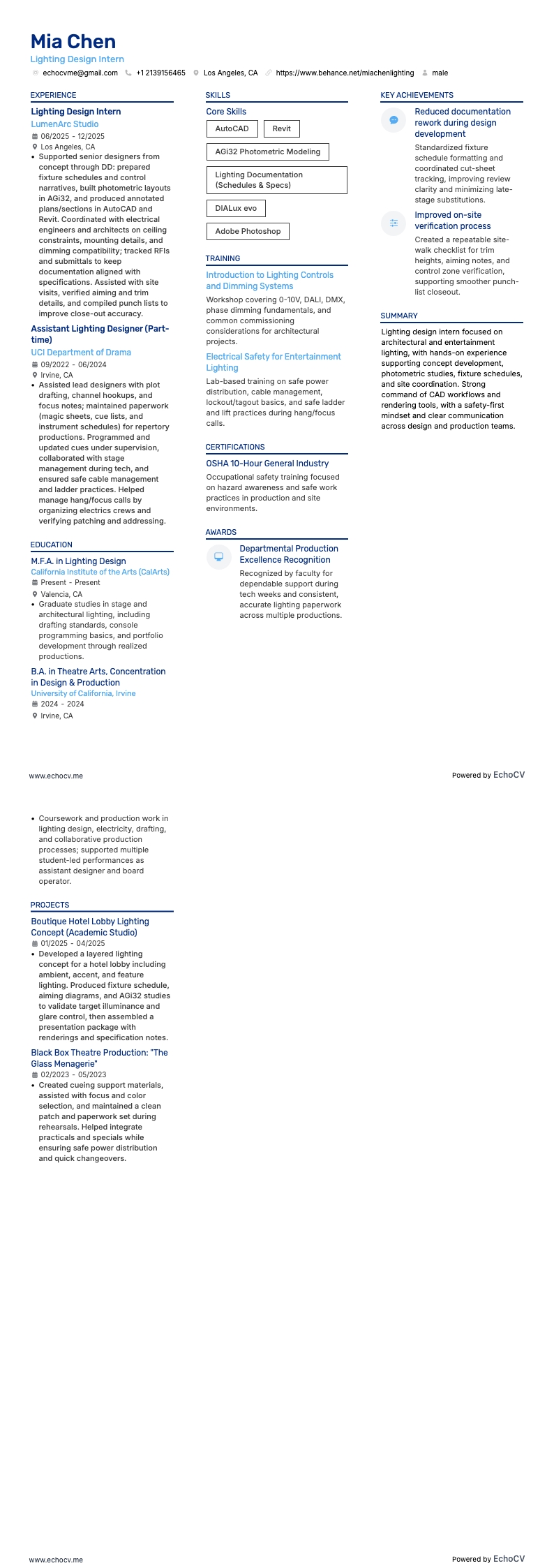 Estagiário de design de iluminação example resume