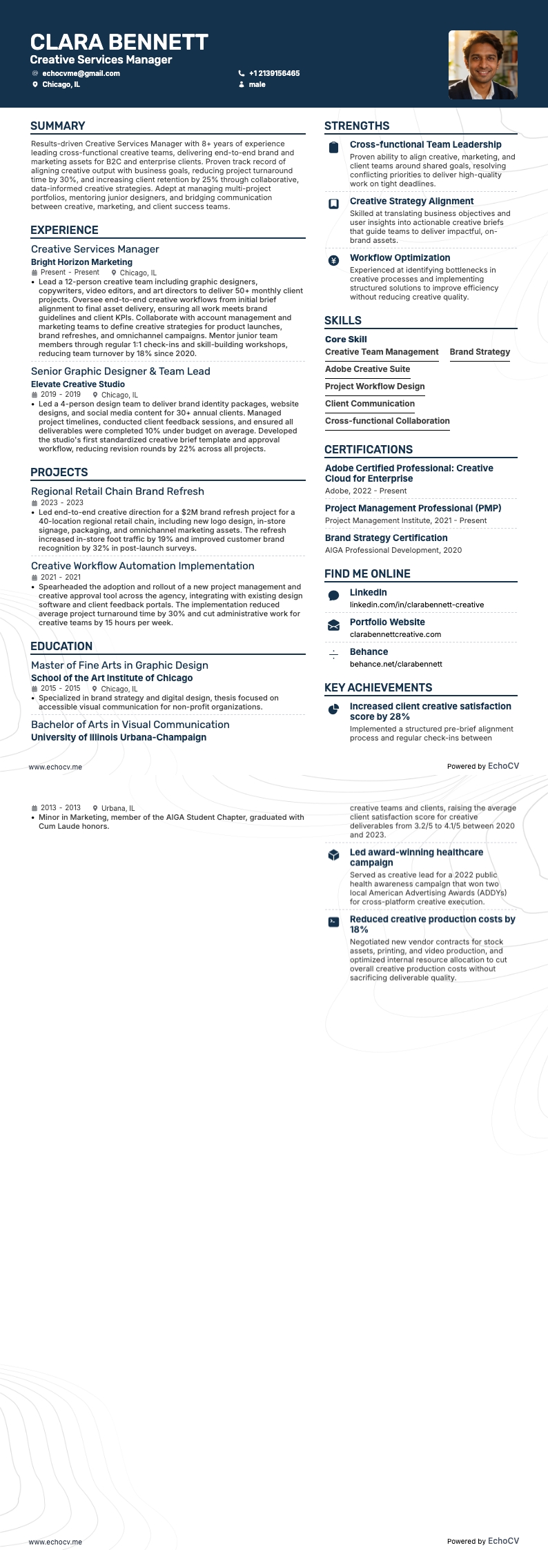 Quản lý dịch vụ sáng tạo example resume