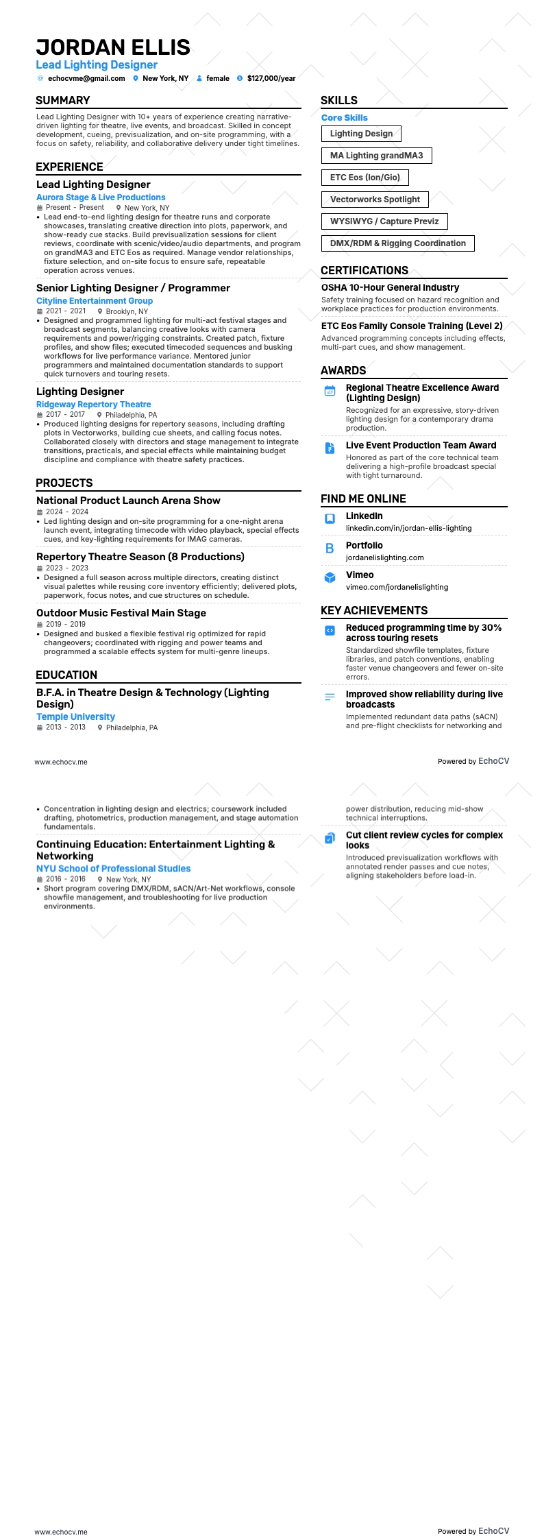 Designer de iluminação resume example