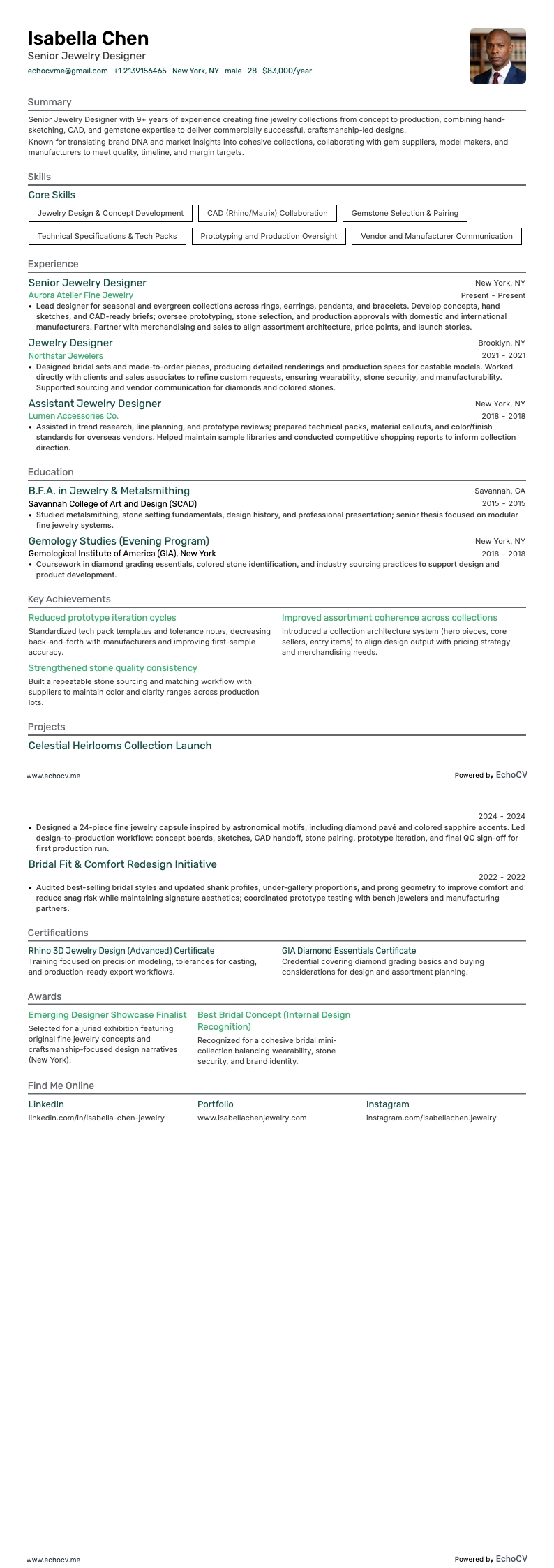 Senior Jewelry Designer example resume