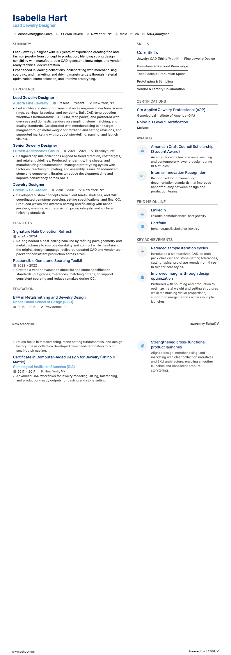 Lead Jewelry Designer example resume