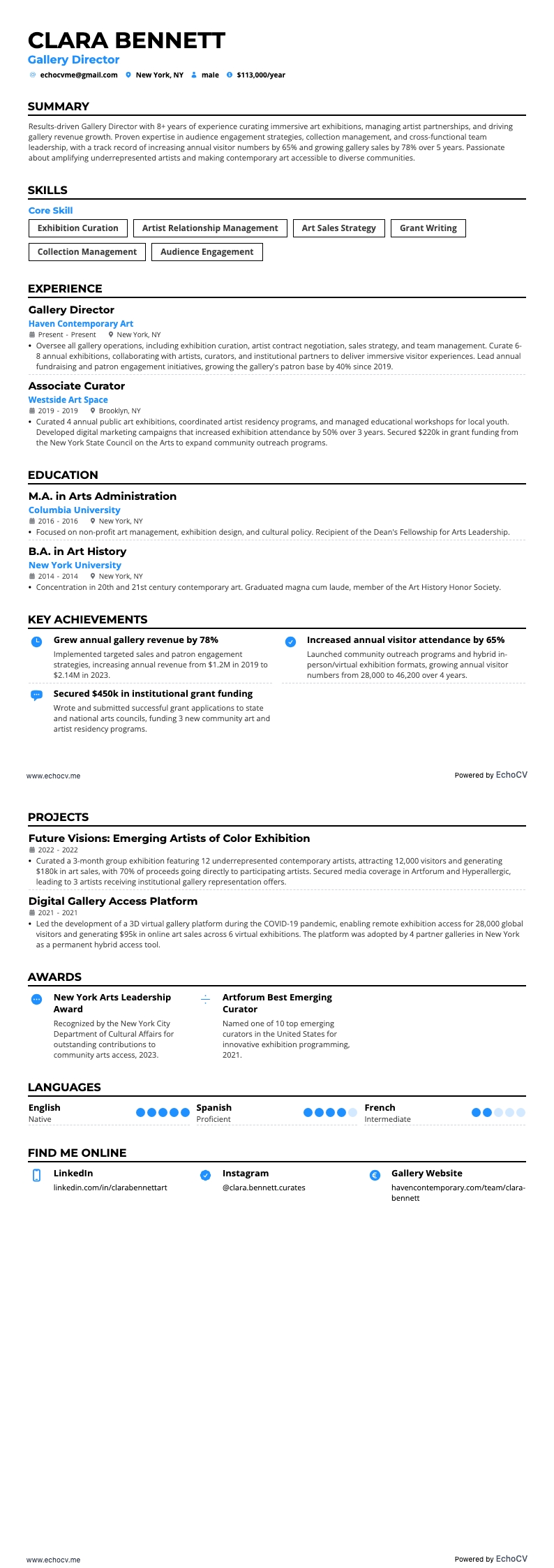 Giám đốc phòng trưng bày example resume