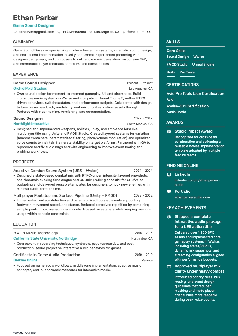 ゲームサウンドデザイナー example resume