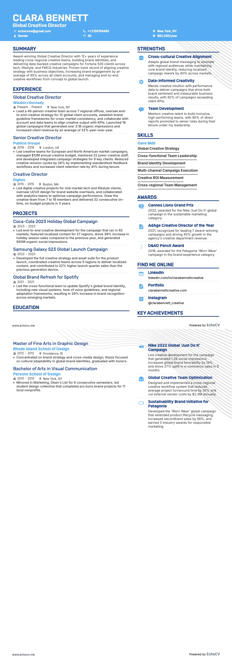 Giám đốc sáng tạo toàn cầu example resume