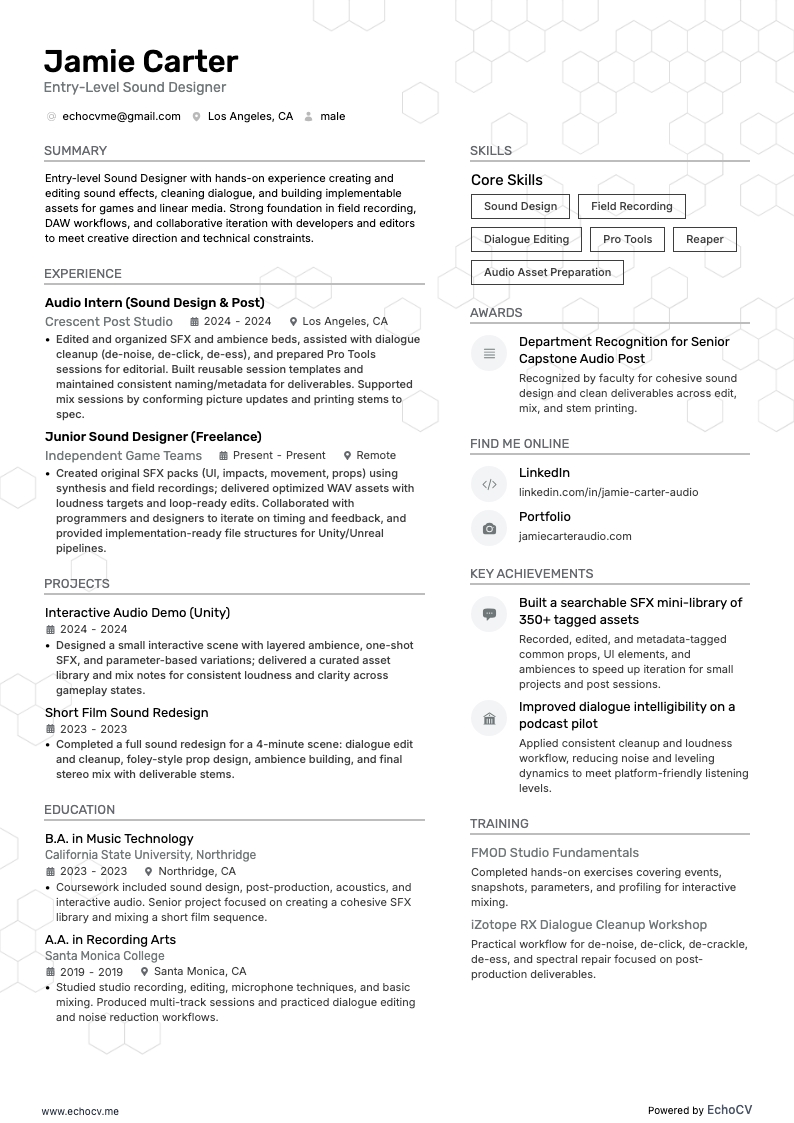 サウンドデザイナー resume example