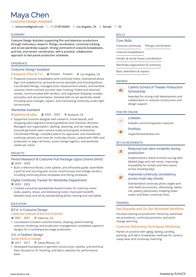Costume Design Assistant example resume