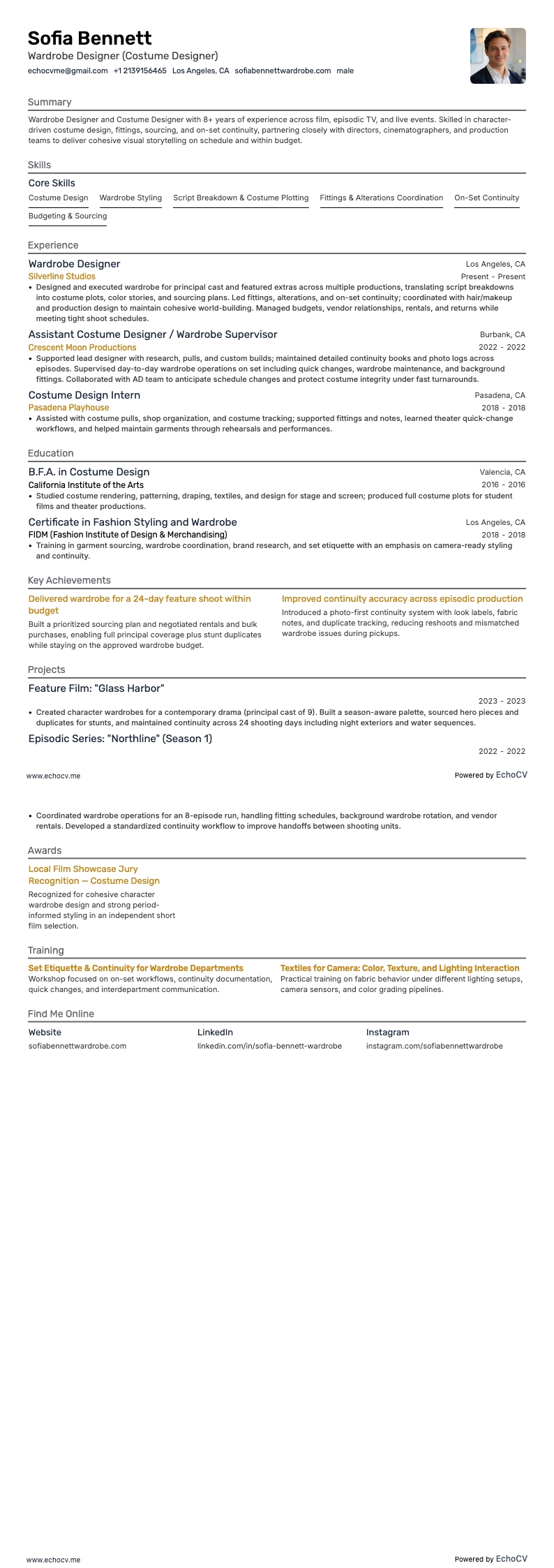 Wardrobe Designer example resume