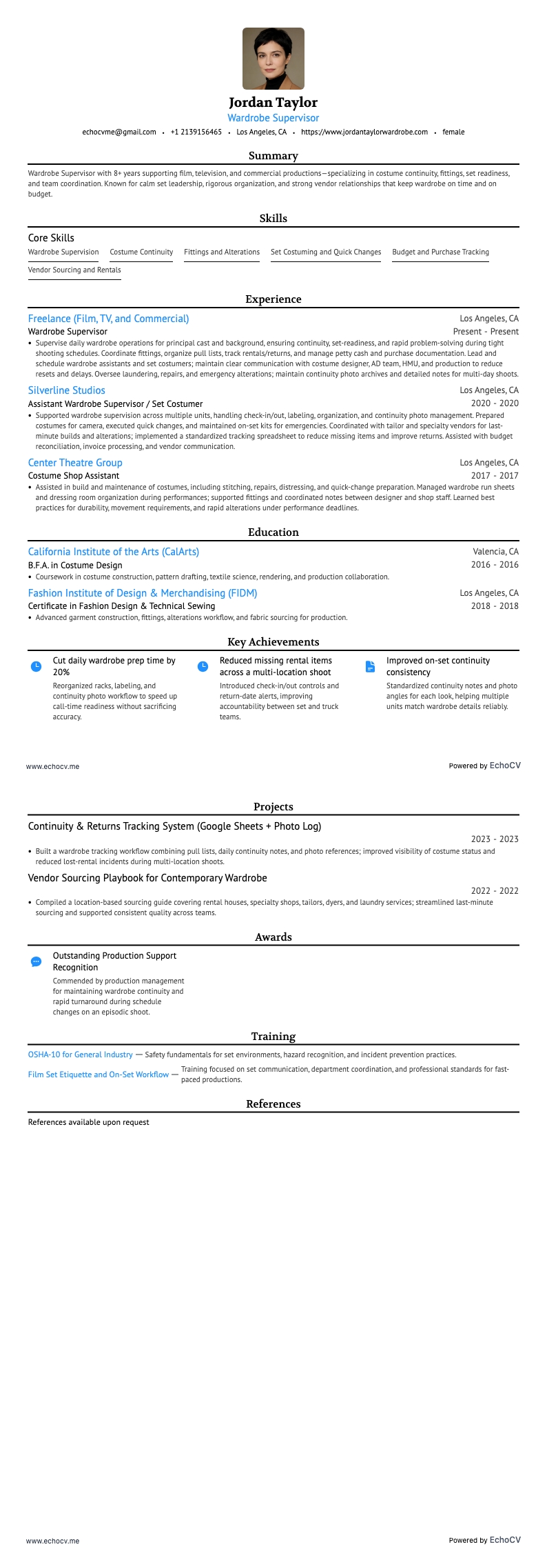 Wardrobe Supervisor example resume