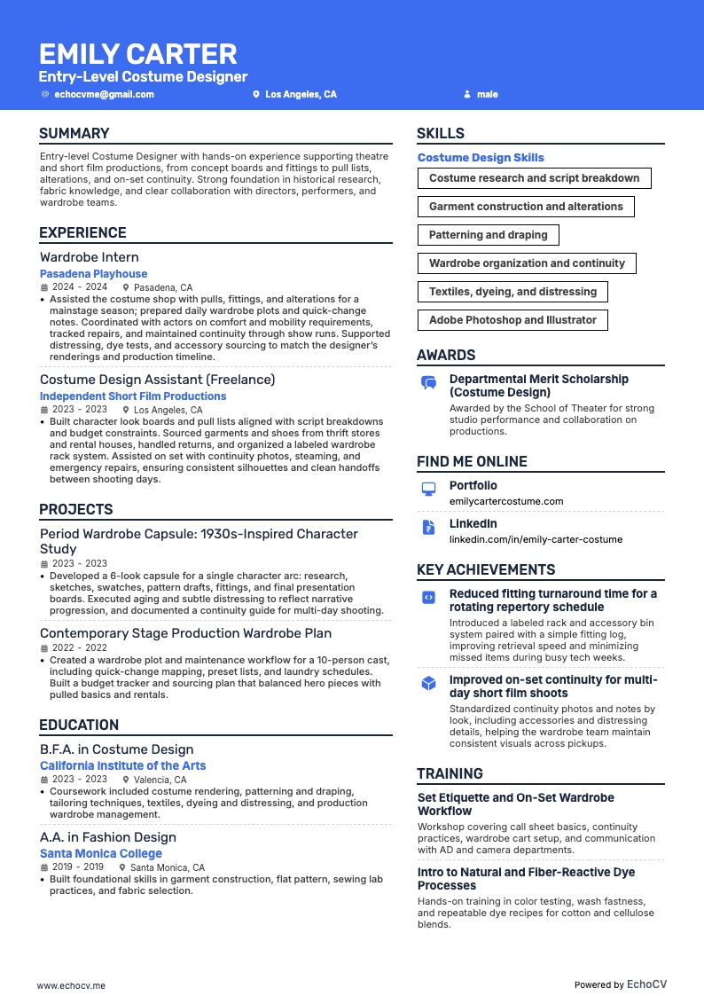 Entry-Level Costume Designer example resume