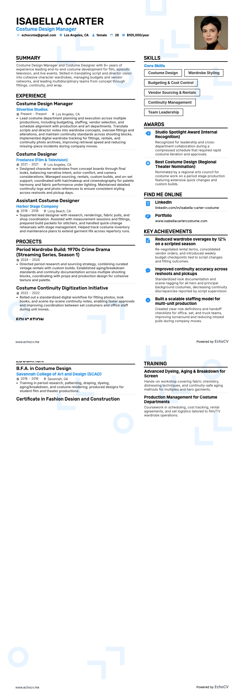 服装设计经理 resume example