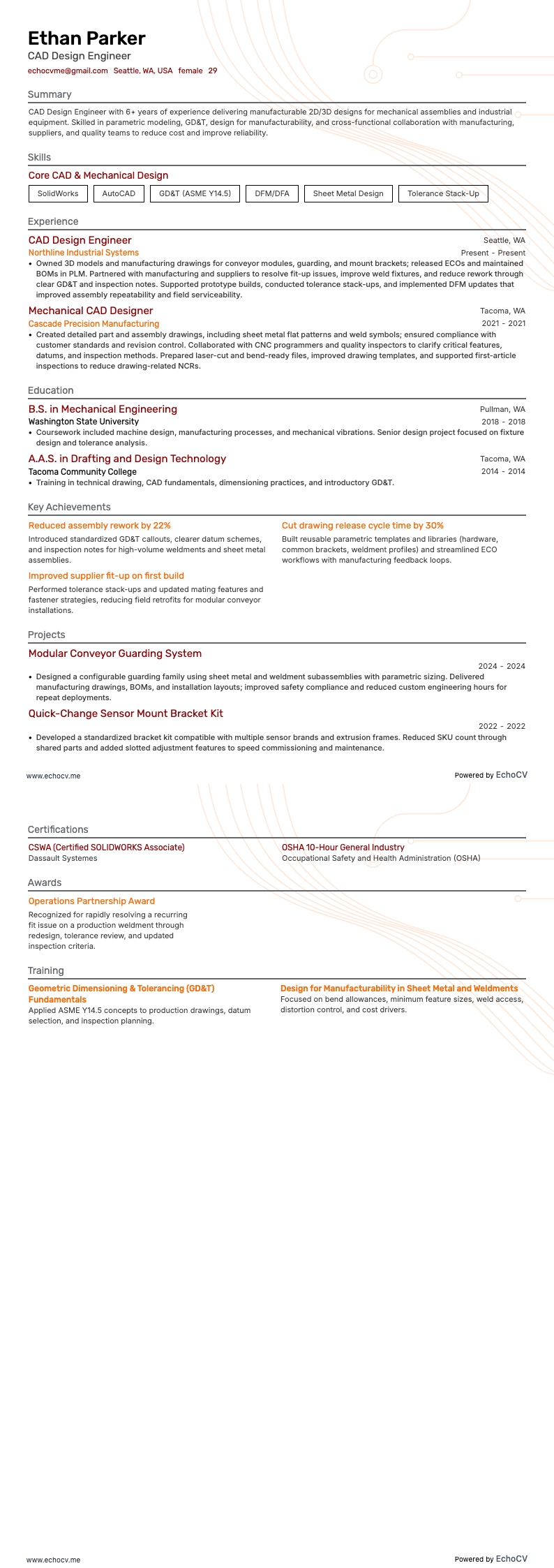 CAD設計師 resume example