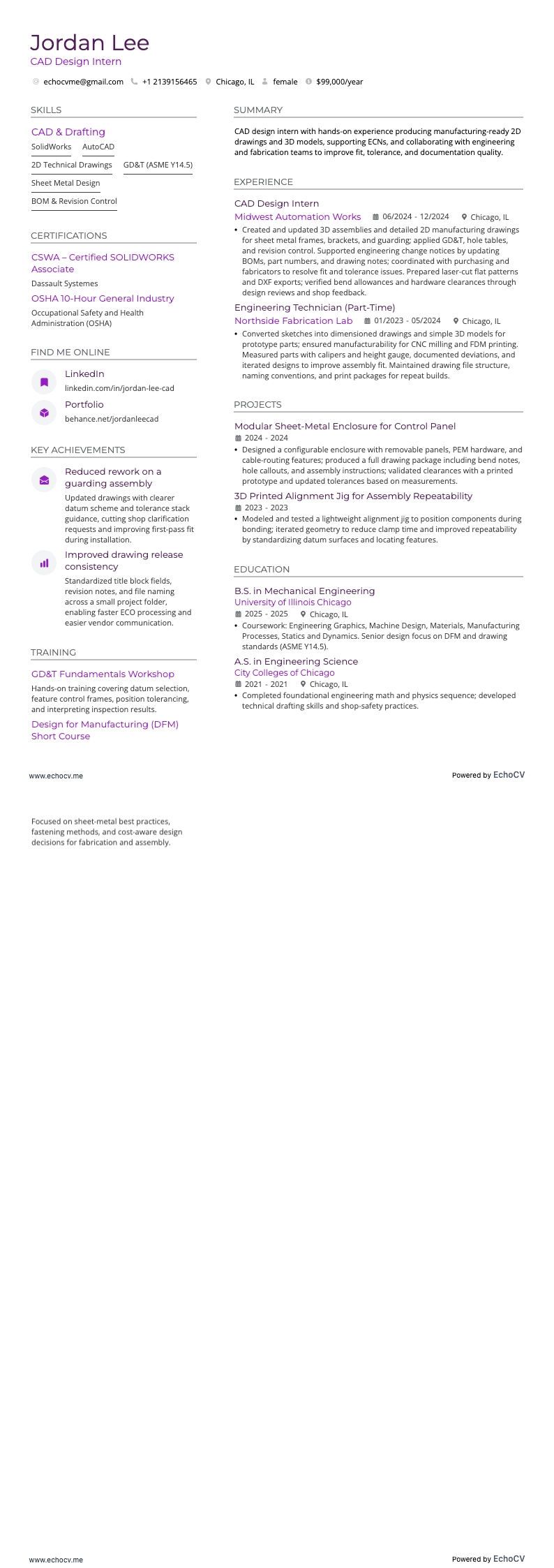 CAD設計實習生 example resume