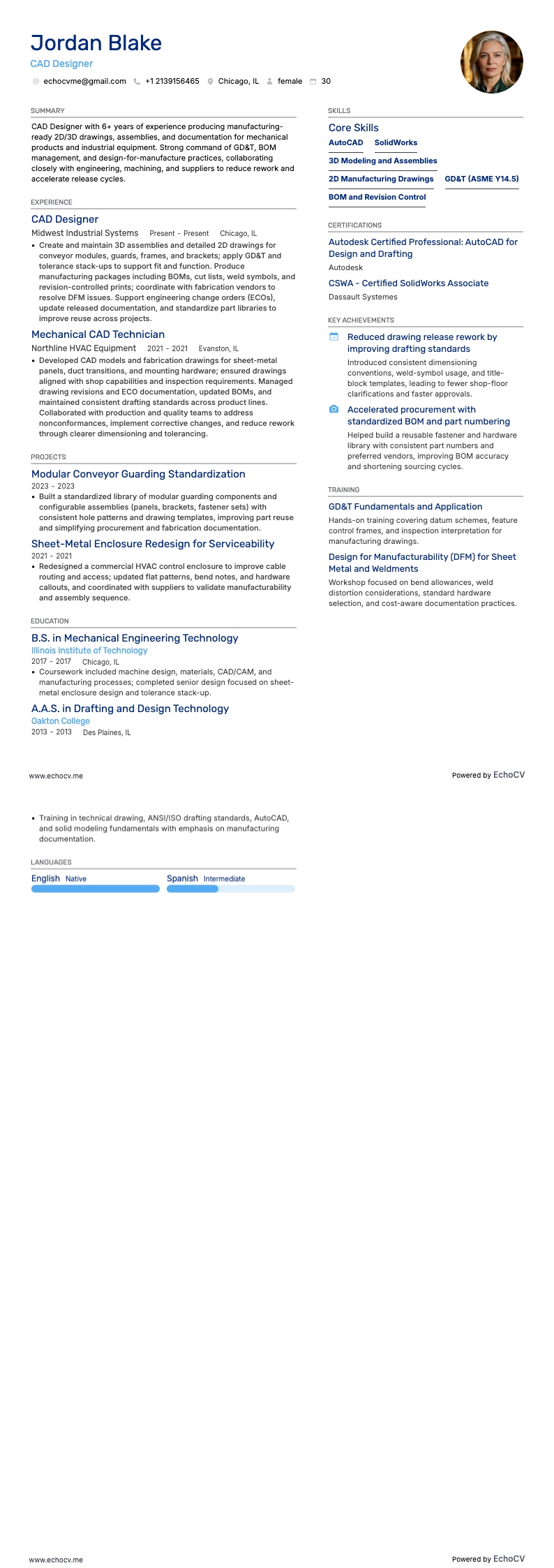 CAD設計師 example resume